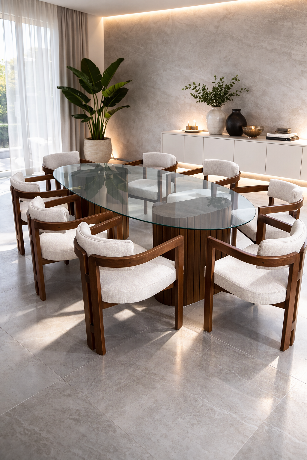 Comedor ovalado de 8 personas con cubierta de vidrio templado